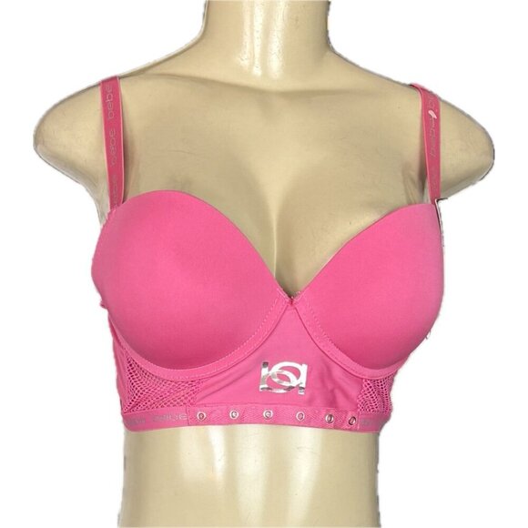 Bebe 36B Pink Pin Mesh Accent Logo Adjustable Straps Padded Longline Push-Up Bra - Picture 2 of 6